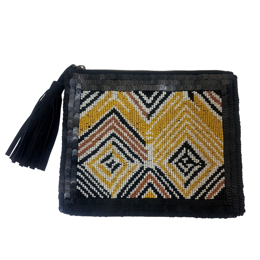 Anthropologie Jasper & Jeera Beaded Sequin Chevron Clutch Bag Black Tassel Glam